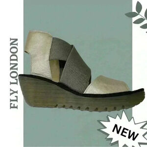 Fly London Yuba Open Toe Sandal Wedge 385 Borgogna Silver Multiple Sizes